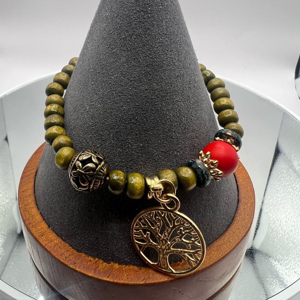 Brand New Tree of Life Charm Bracelet with Red and Gold Accents